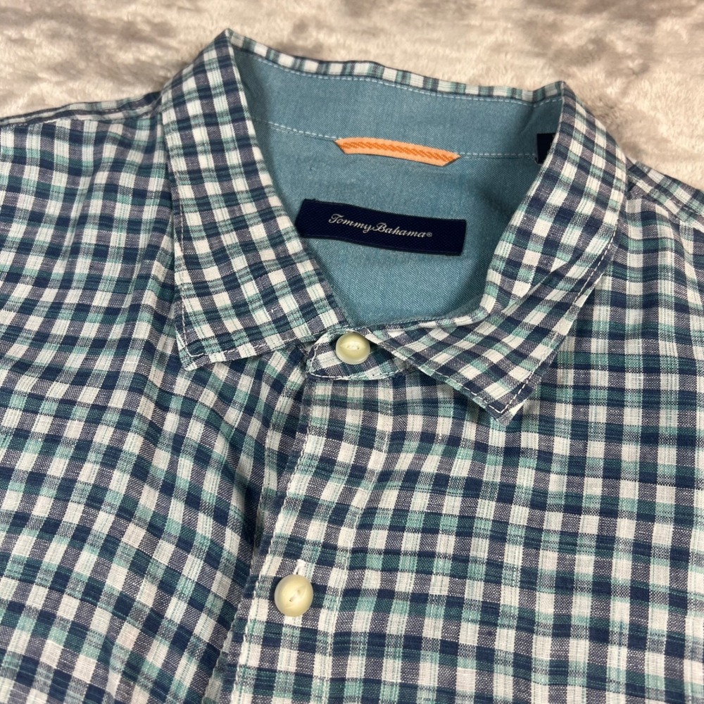 Tommy Bahama Mens 3XL Shirt Teal Blue Plaid 100% Linen Short Sleeve Button Down